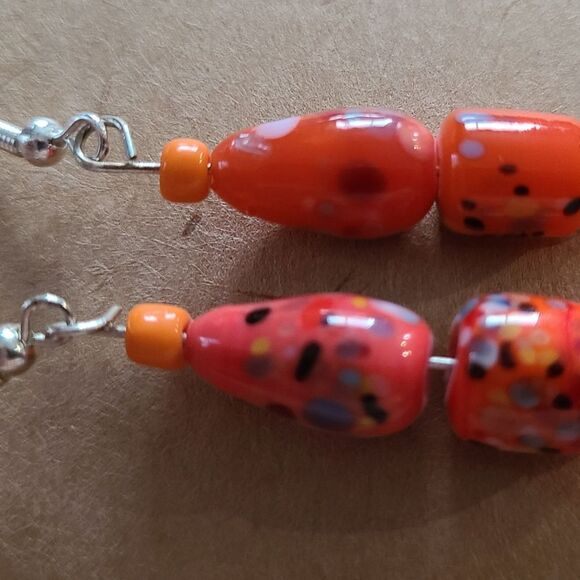 Orange with Multicolor Glass Bead Silver Toned Fish Hook Earrings J1-21 - Picture 4 of 4